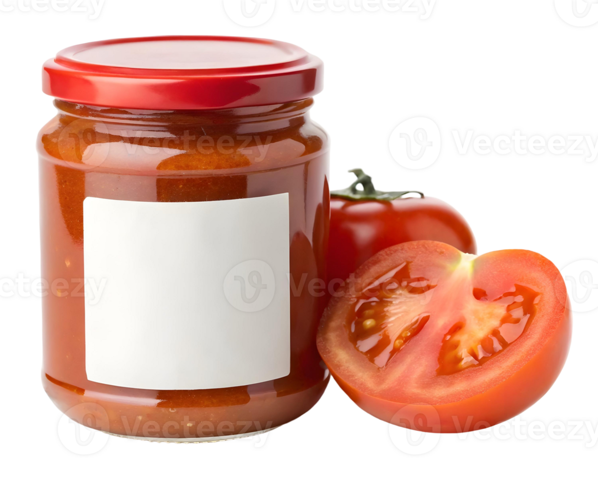 Red glass jar of tomato sauce with blank label and fresh tomatoes png