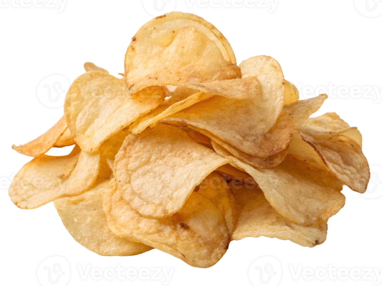 A close up shot showcasing a pile of golden potato chips against a transparent background in detailed view png