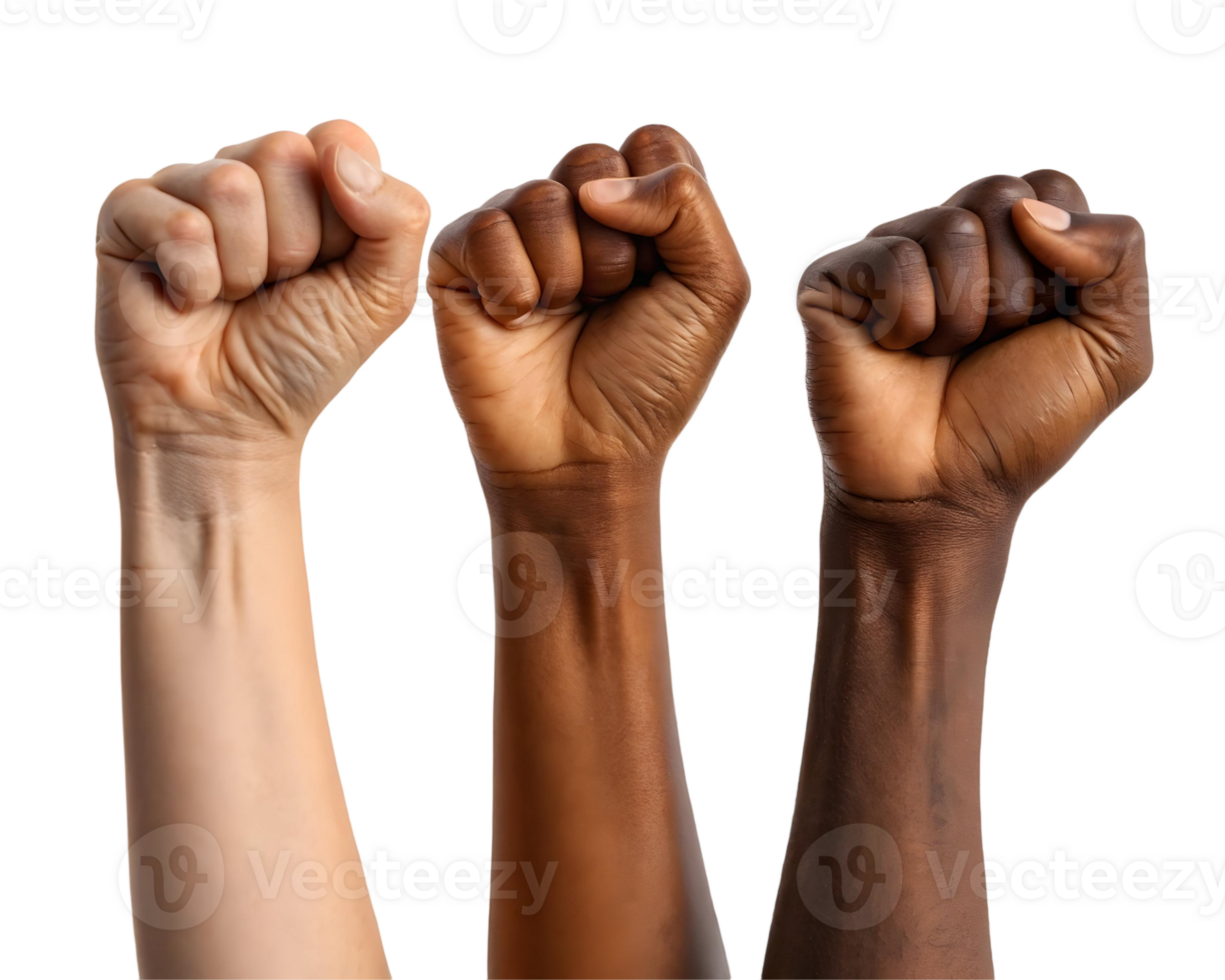 Diverse Raised Fists Symbolizing Unity, Diversity, and Social Justice png