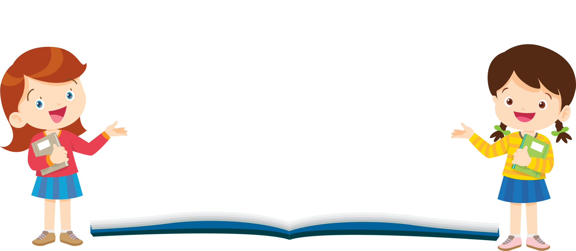 Two school girls are smiling happily next to a large open book mock-up. png
