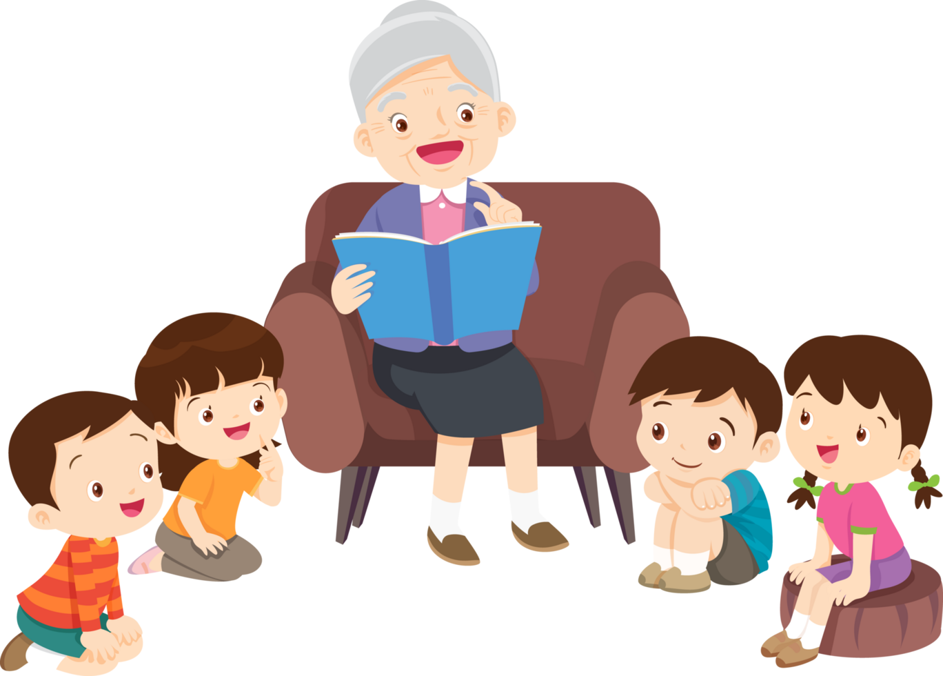 Grandma sits on the sofa and tells her grandchildren a story about the unity of wild animals. png