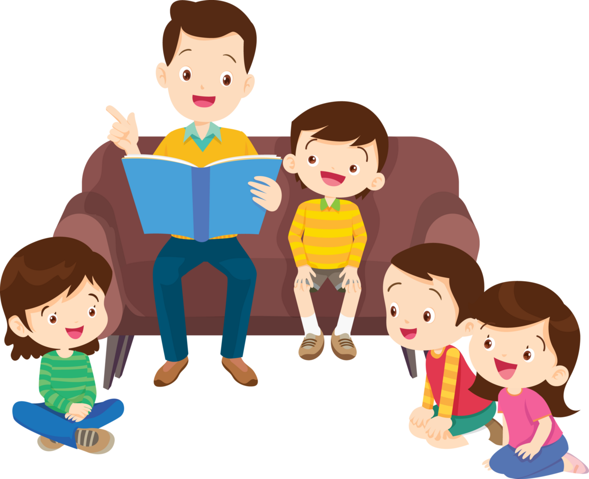 A father and son are happily reading the family's travel diary to their friends. png