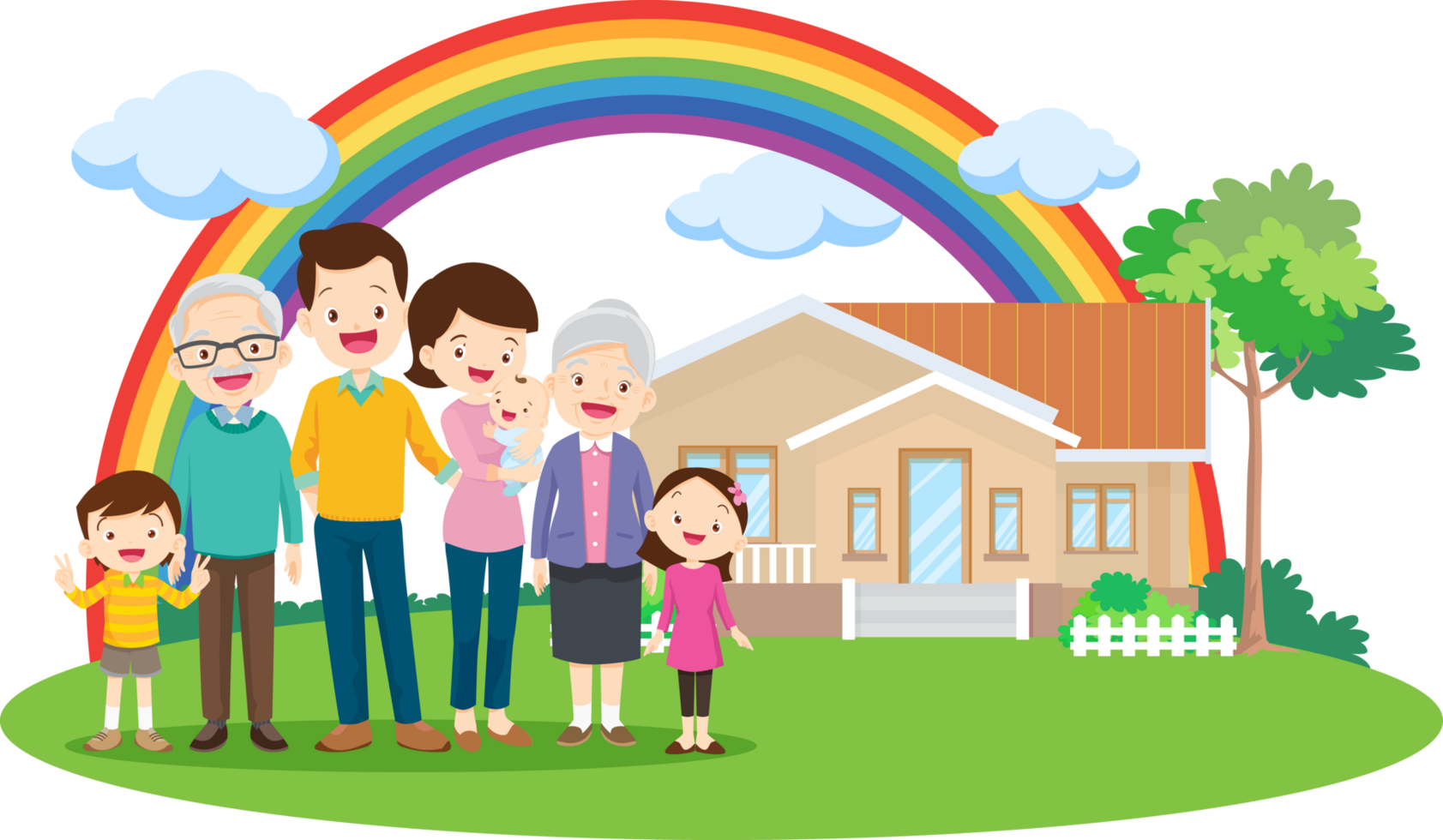 Cartoon-style family enjoying a relaxing weekend at home. png