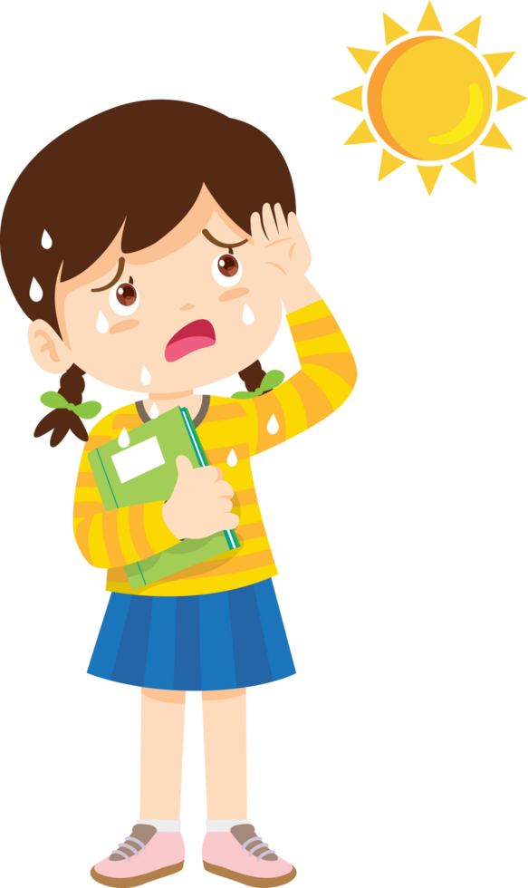 A school girl uses her hands to shield herself from the scorching sun, causing her to sweat profusely. png