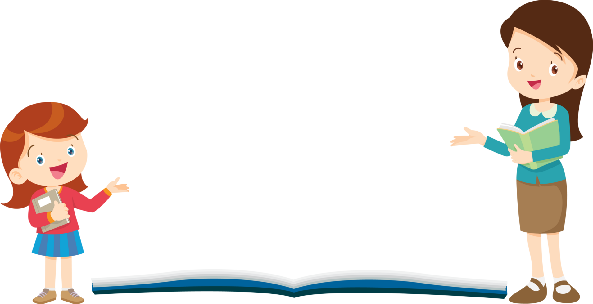 Advertisement board of a young female teacher and schoolgirl standing smiling happily next to a large mock-up book. png