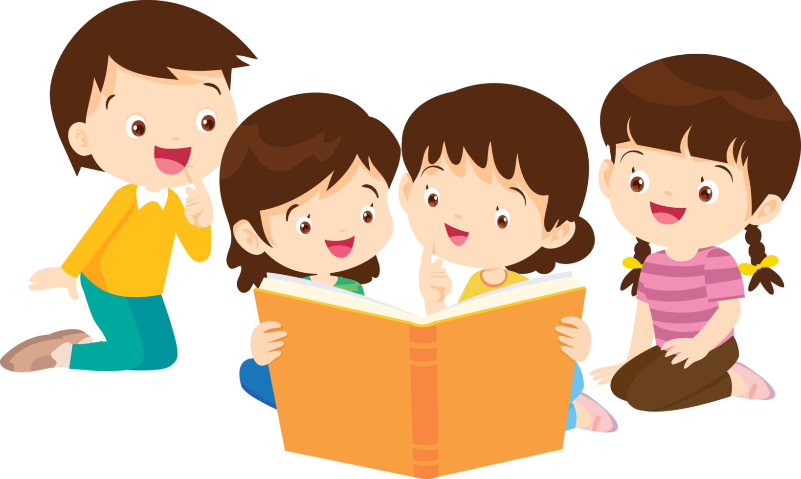 The children are reading a storybook together, having fun and being happy. png
