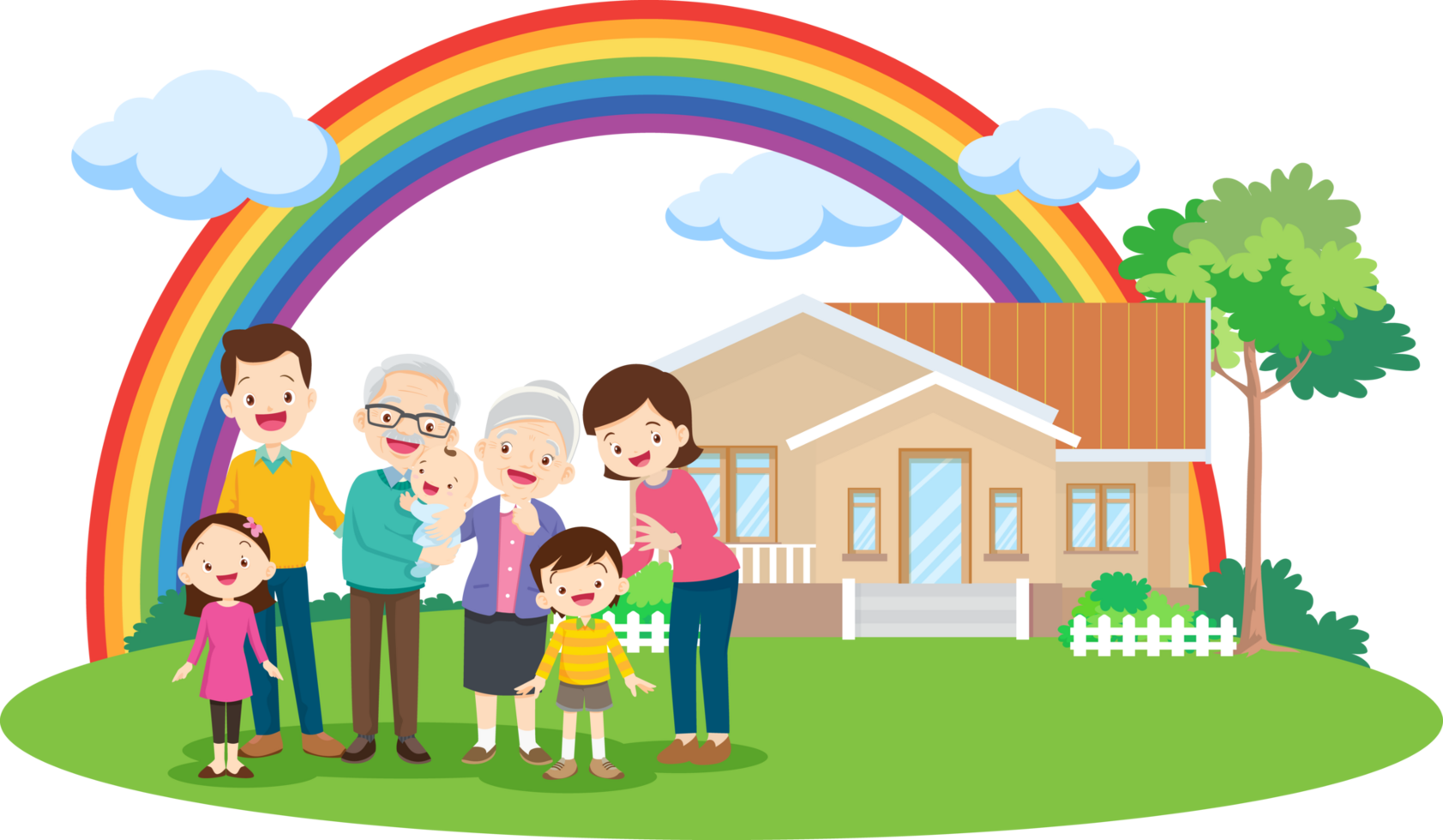 Mom invites the whole family to go out and see the rainbow after the rain. png