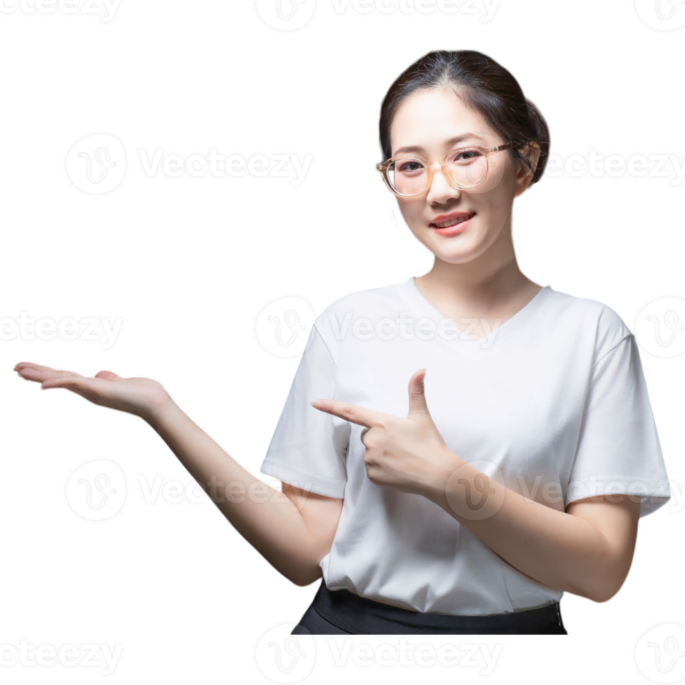 A smiling individual in a white shirt gestures invitingly with one hand, showcasing a friendly and approachable demeanor. png