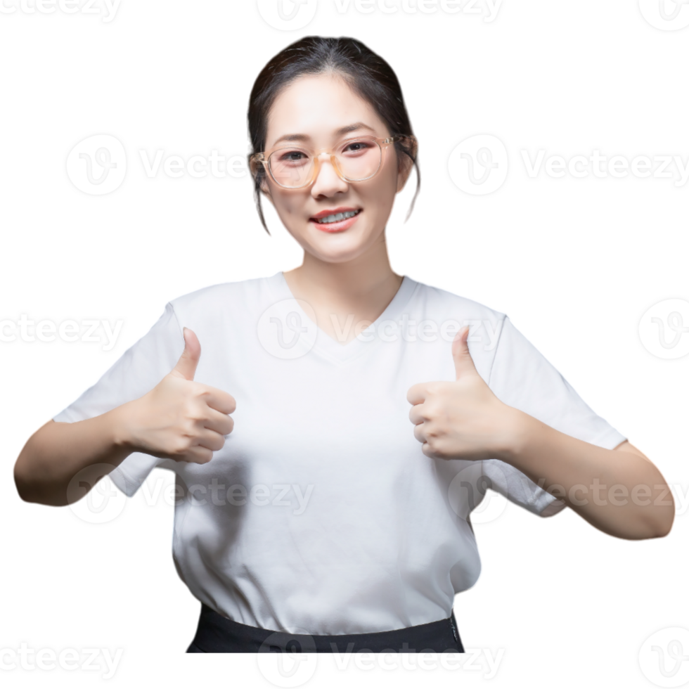 A smiling individual in a white shirt giving a thumbs-up gesture. png