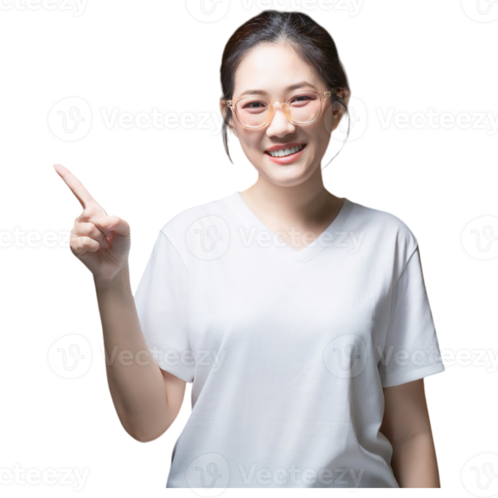 A young woman in a white t-shirt is smiling and pointing upwards with her right hand. png