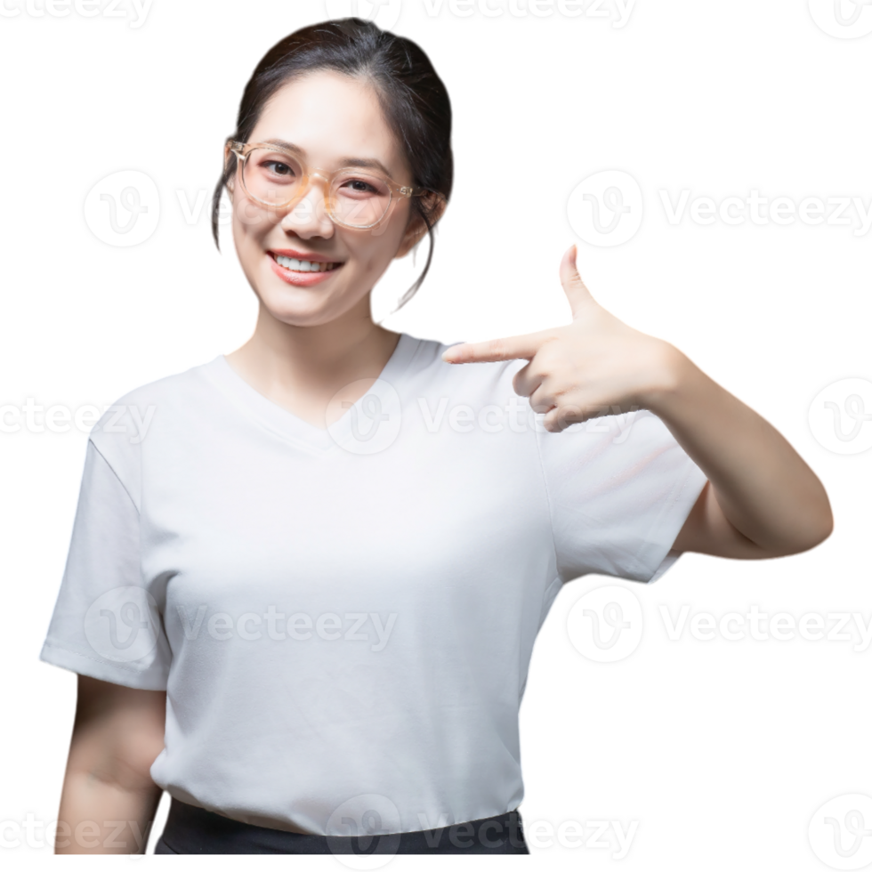A smiling woman wearing a white shirt, pointing towards her side with a welcoming gesture. png
