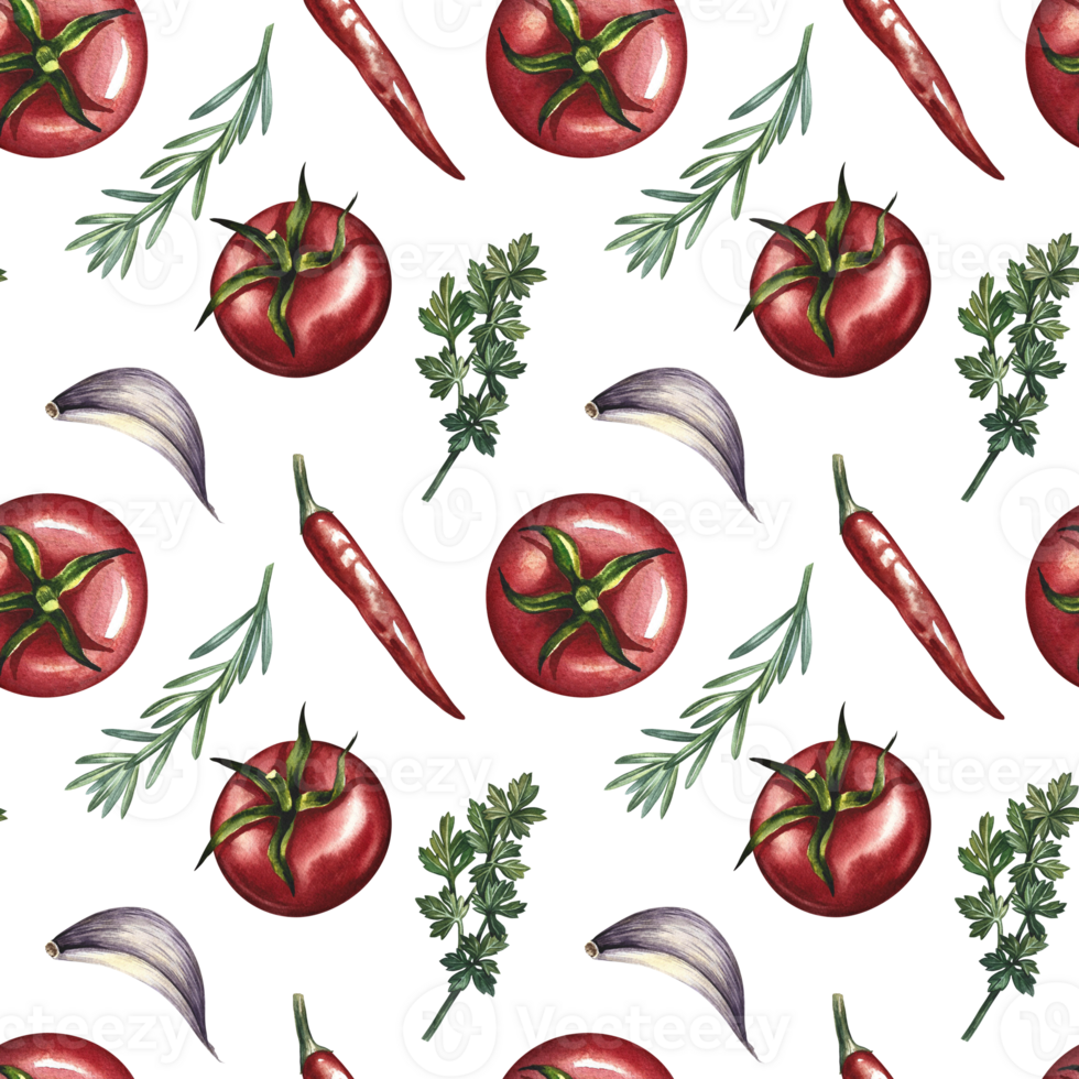 Seamless pattern of tomatoes and spices. A hand-drawn watercolor illustration. Color image of vegetables. Great for textiles, kitchen decor, menus, recipe books, packaging, and wallpaper. png