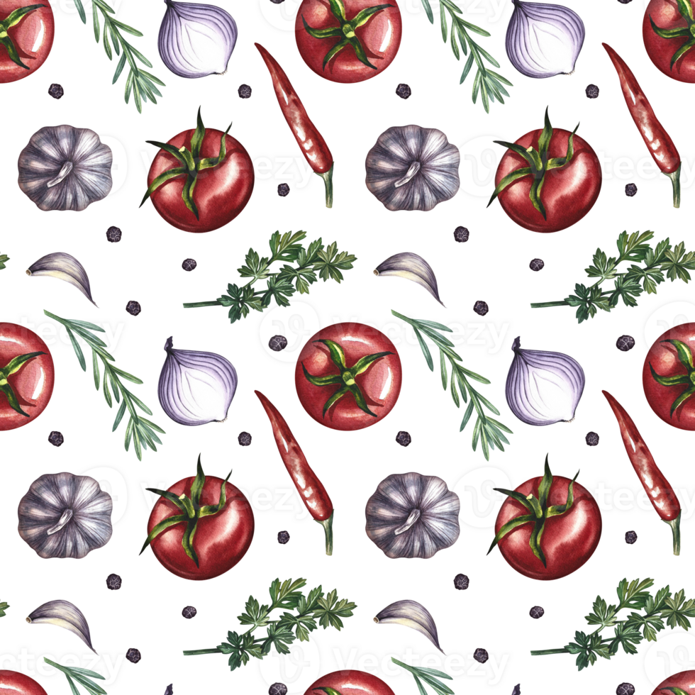 Seamless pattern with vegetables. A hand-drawn watercolor illustration. Color image of tomatoes, garlic, onions, herbs and spices. Great for textiles, kitchen decor, tablecloths, menus, packaging. png
