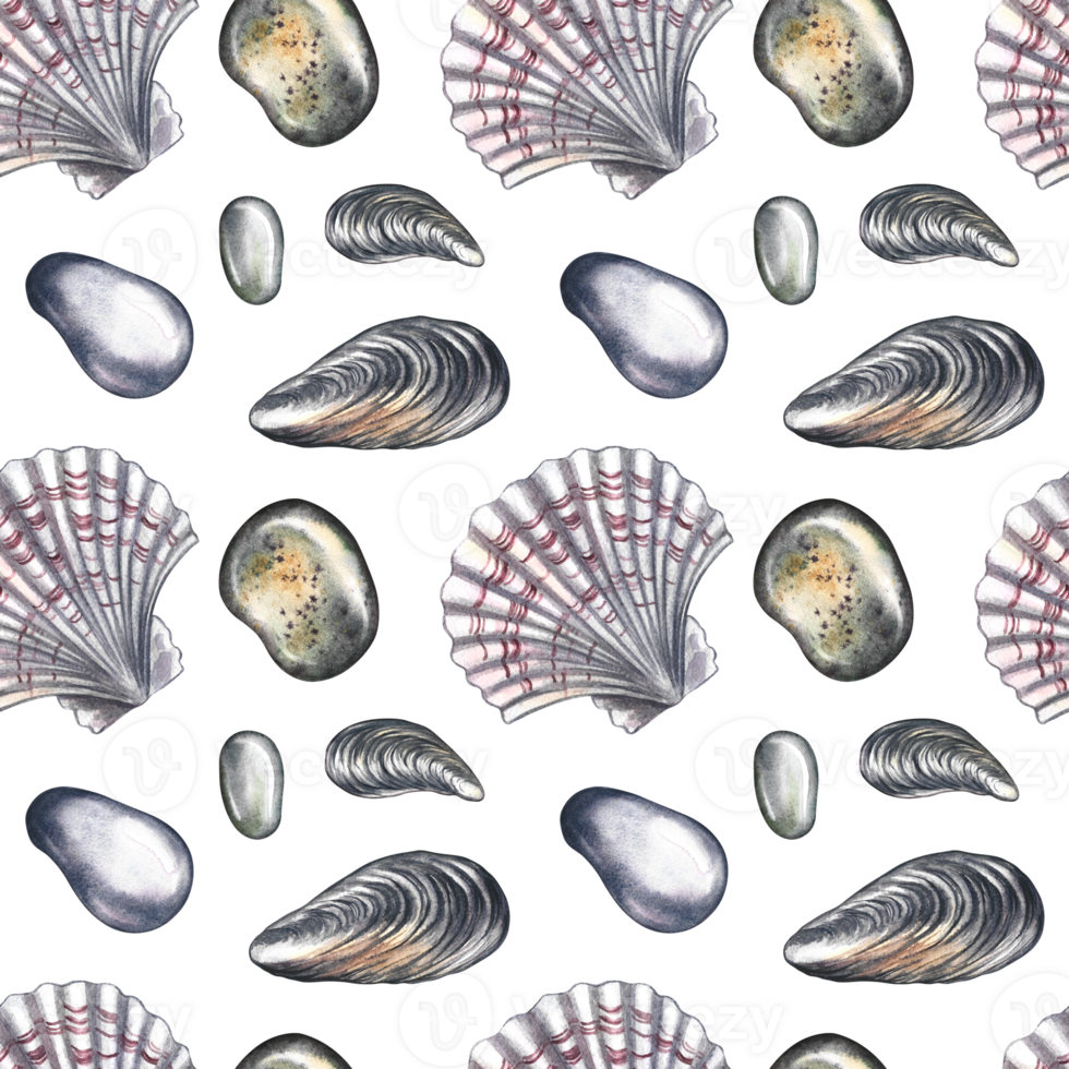 Seamless pattern with sea stones, mussels and scallops. A hand-drawn watercolor illustration. A color image of a pattern of beach elements. Ideal for textiles, fabrics, wrapping paper, printing. png