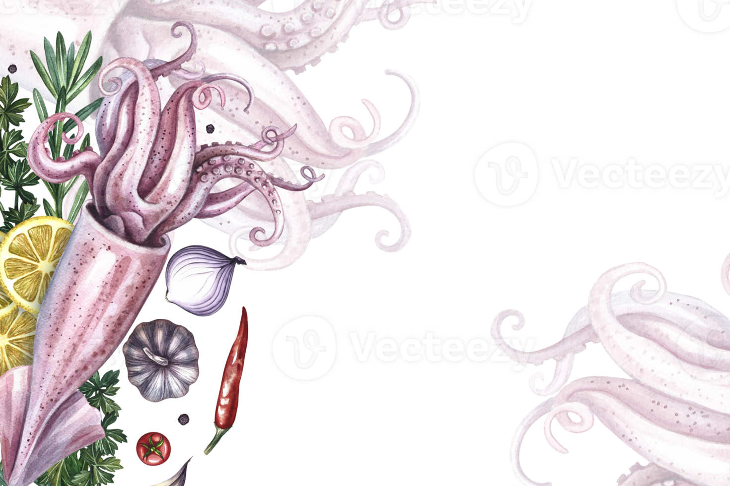 A frame with an image of squid and vegetables. A hand-drawn watercolor illustration. A color template with an image of seafood. For menus, recipes, packages, labels and banners. png