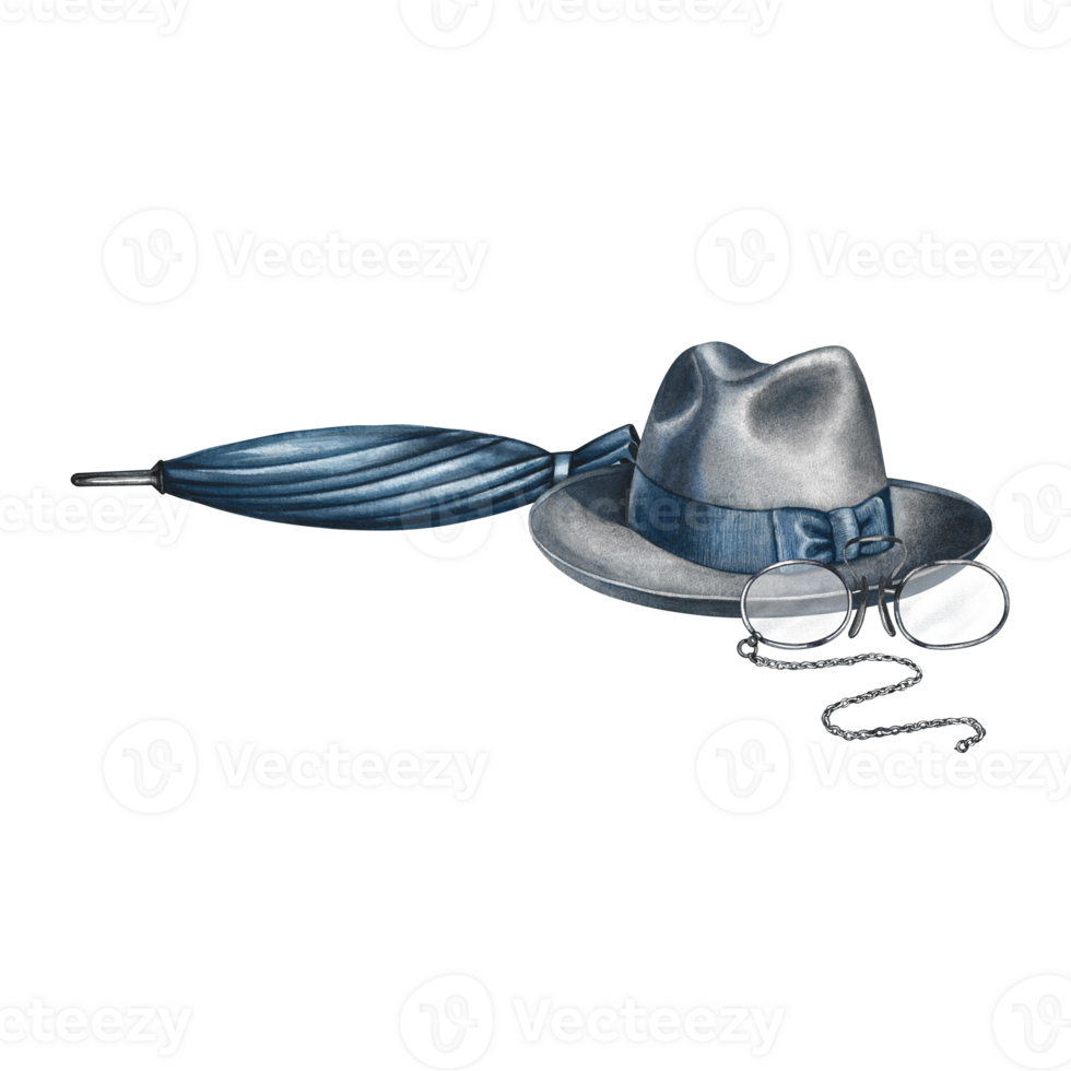 Men's grey hat, umbrella and glasses. Handmade watercolor illustration. Color image of men's accessories. Separate from the background. Perfect for banners, flyers, packages, labels, invitations. png