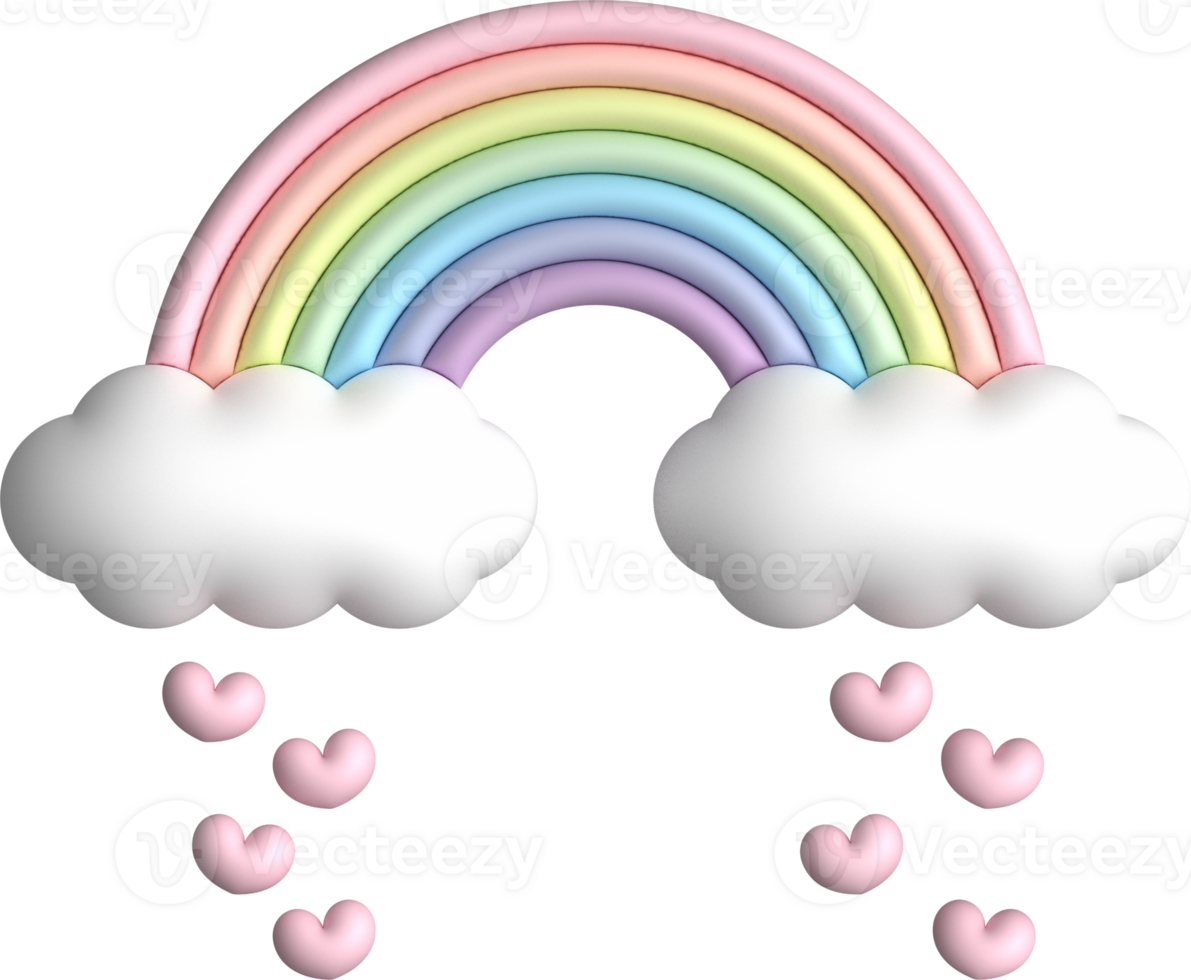 Whimsical 3D Rainbow with Clouds Raining Hearts in Pastel Colors png