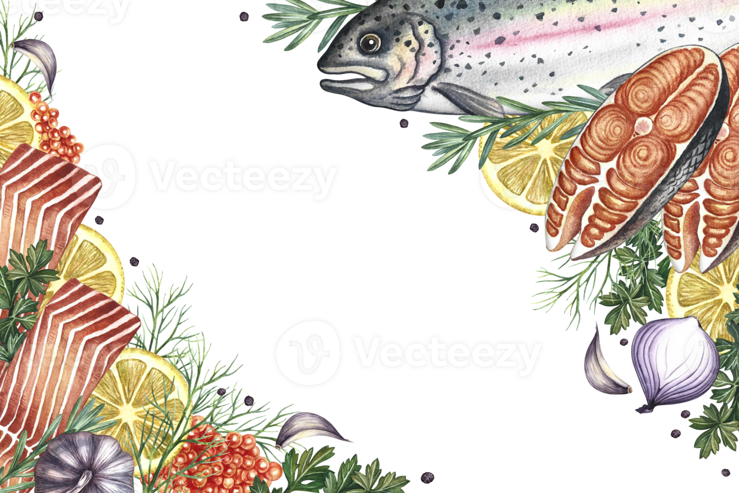 Corner frame with trout, whole and sliced, with vegetables and spices. A hand-drawn watercolor illustration. A color image of a seafood template. For menu, recipe, invitation. png