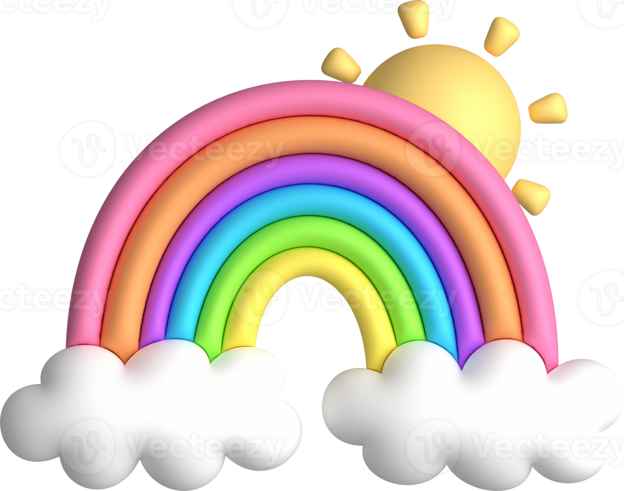 Whimsical 3D Rainbow with Clouds and Sun in Pastel Colors png