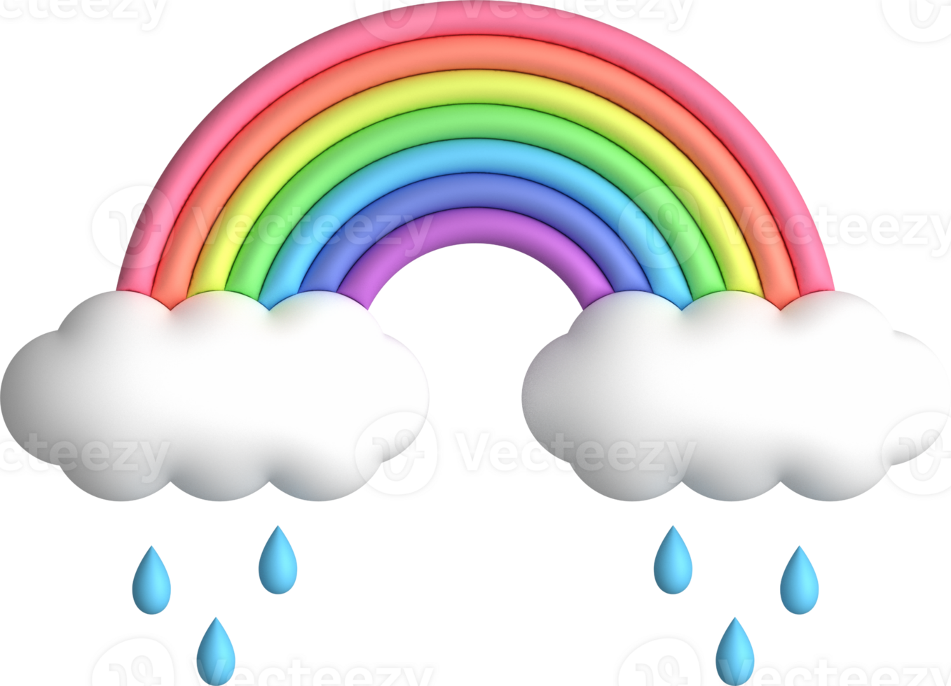 Whimsical 3D Rainbow with Raindrops and Clouds in Pastel Colors png