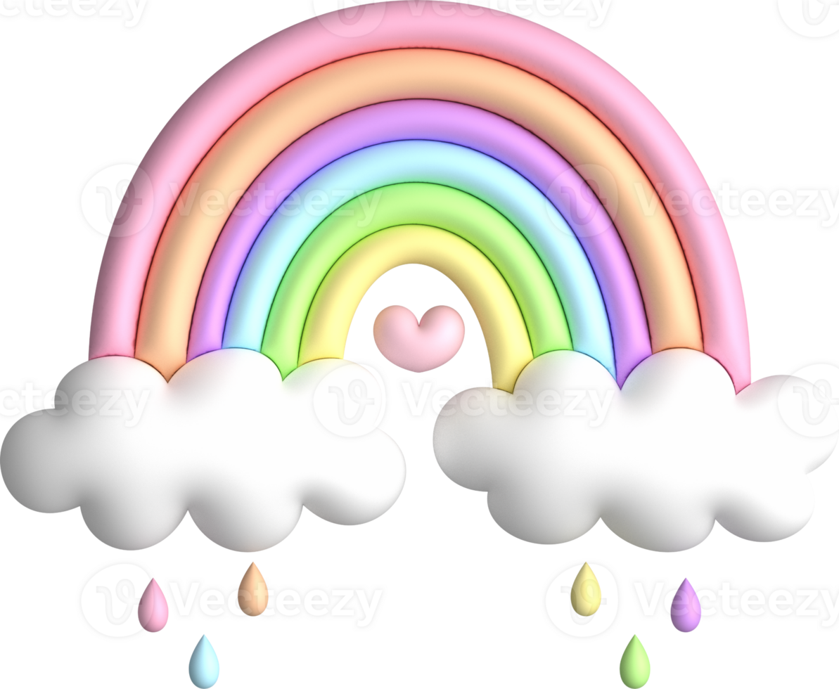Whimsical 3D Rainbow with a Pink Heart and Clouds in Pastel Colors png