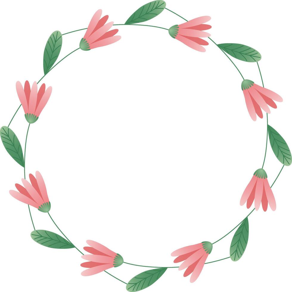 Floral Wreath with Pink Blooms and Green Leaves. Circular floral frame featuring pink flowers. For wedding invitation, greeting card, and decorative design vector