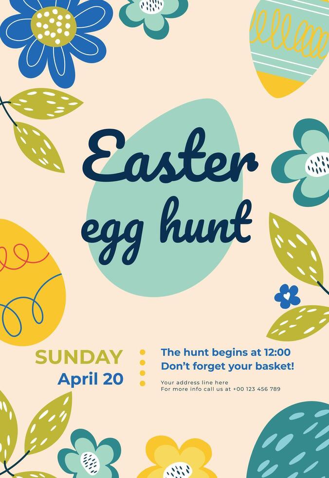 Easter egg poster or invitation template. A simple and elegant Easter egg hunt poster.Perfect for kids' events, festive invitations, and Easter-themed designs. vector