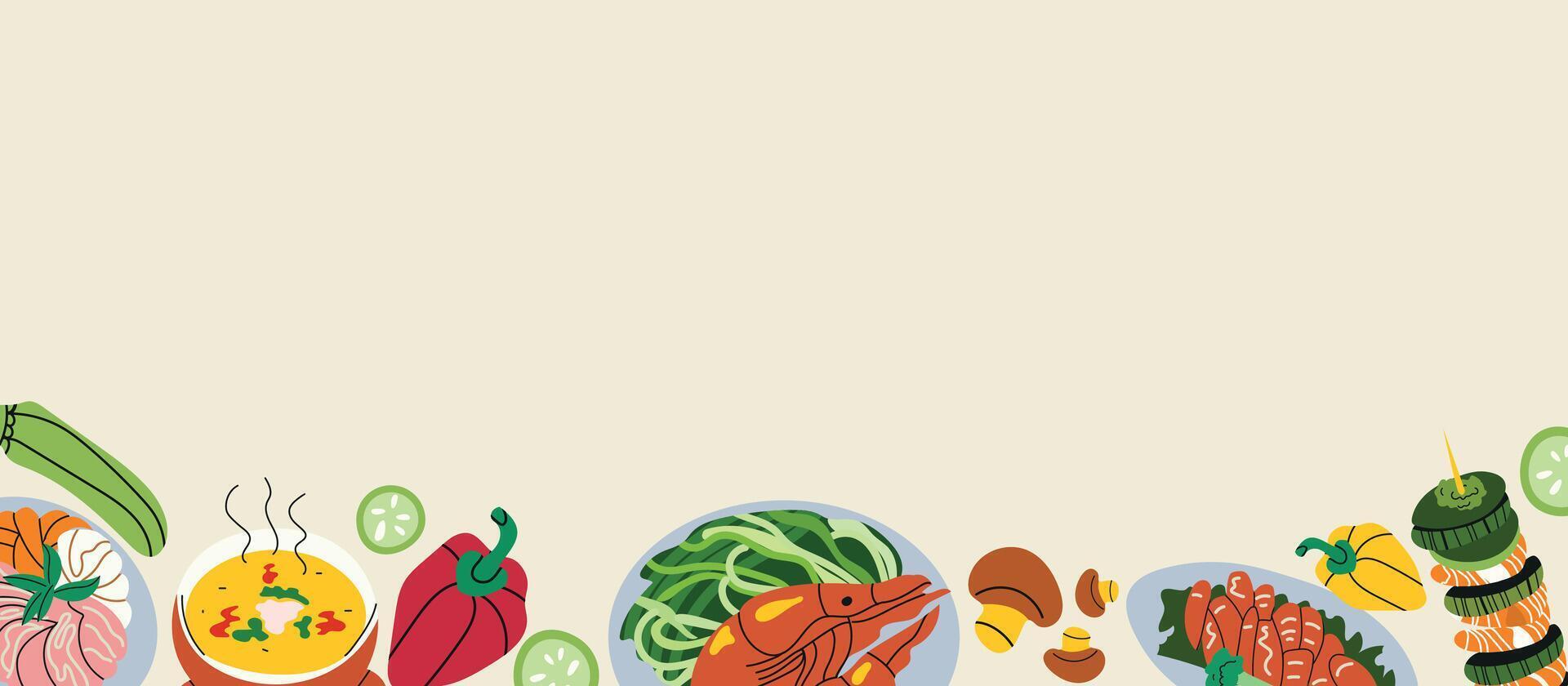 Background with a variety of traditional dishes and space for text. Food banner. Hand-drawn illustration. Perfect for menu design, restaurant promotions, food blogs, packaging, and recipe books vector