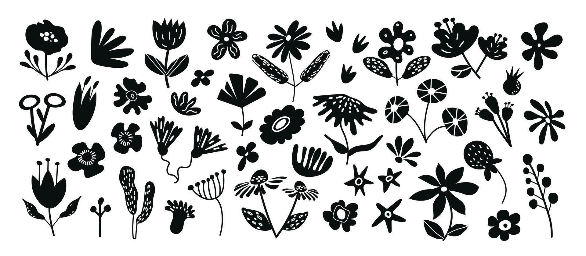 Abstract Floral Set. A collection of black silhouettes featuring various flowers, leaves, and botanical cutout shapes. Perfect for decorative stickers and design projects. vector