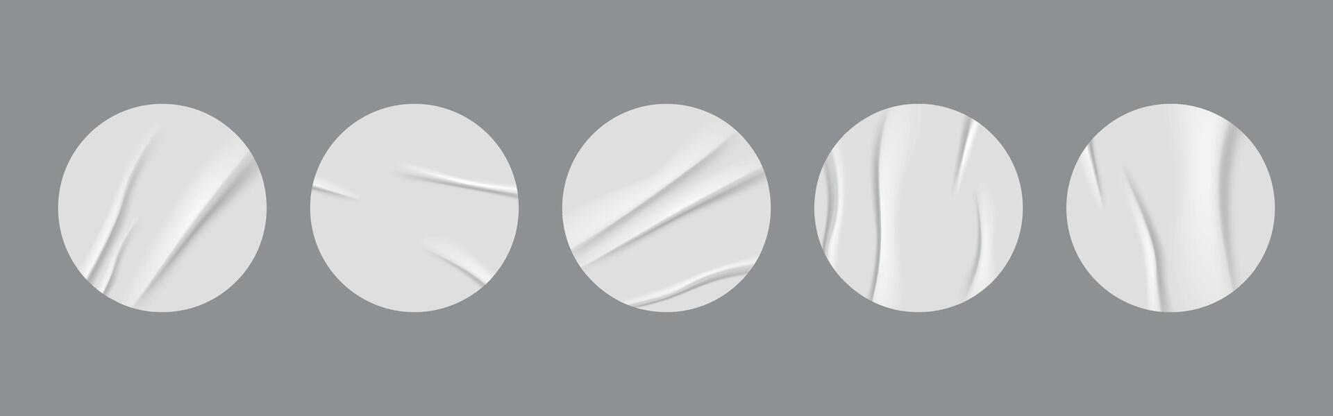 Realistic 3D illustration of white round stickers on a grey background. Set of white round crumpled sticker mockups. Adhesive paper labels with a wrinkled effect. Blank templates for price tags vector