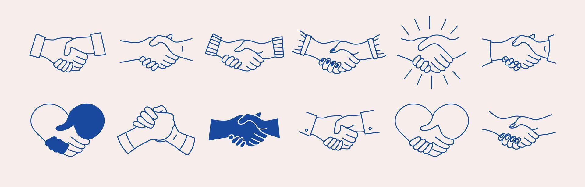 Handshake simple set. A symbol of partnership and agreement for apps, UI, websites, and design elements. Collection of human arms with different handshake variations. vector
