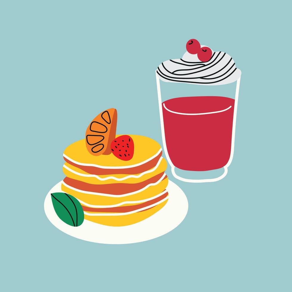 Hand drawn illustration of a pancake with strawberries and a berry drink. dessert on a blue background. Perfect for menus, recipe books, food blogs, social media, and packaging. vector