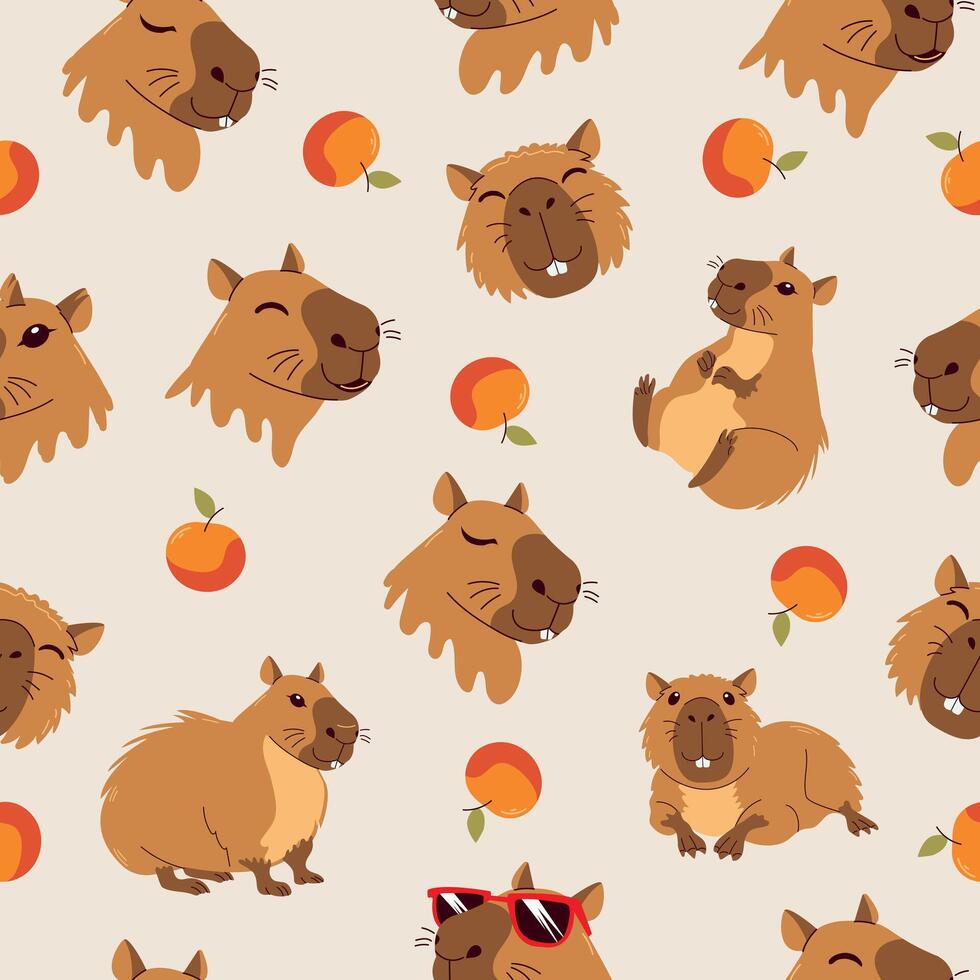 Seamless pattern featuring capybaras and stars. Cute animals on a light beige background. Illustration for wallpaper, packaging, textiles, and kids' collection vector