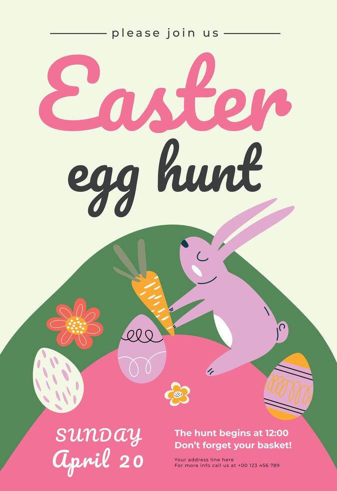A simple and elegant Easter egg hunt poster.Easter egg poster or invitation template. Perfect for kids' events, festive invitations, and Easter-themed designs. vector