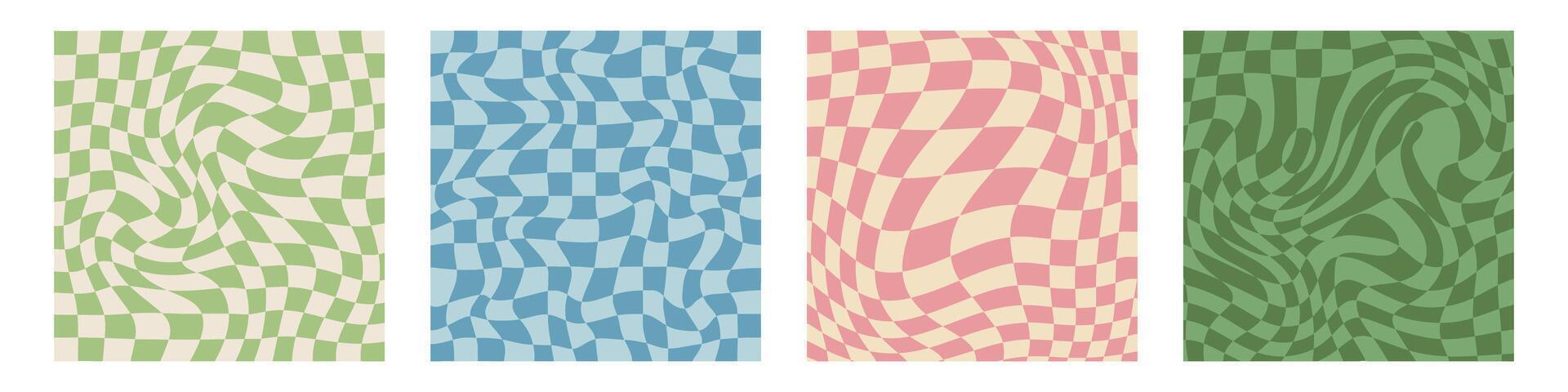 Groovy 70s hippie backgrounds featuring checkerboard,mesh, and wavy patterns.Retro 60s and 70s psychedelic design with a Y2K aesthetic. Gingham wallpaper collection, perfect for print templa vector