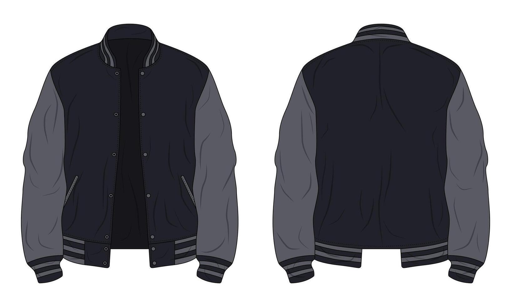 Black and grey varsity jacket mockup front and back view vector