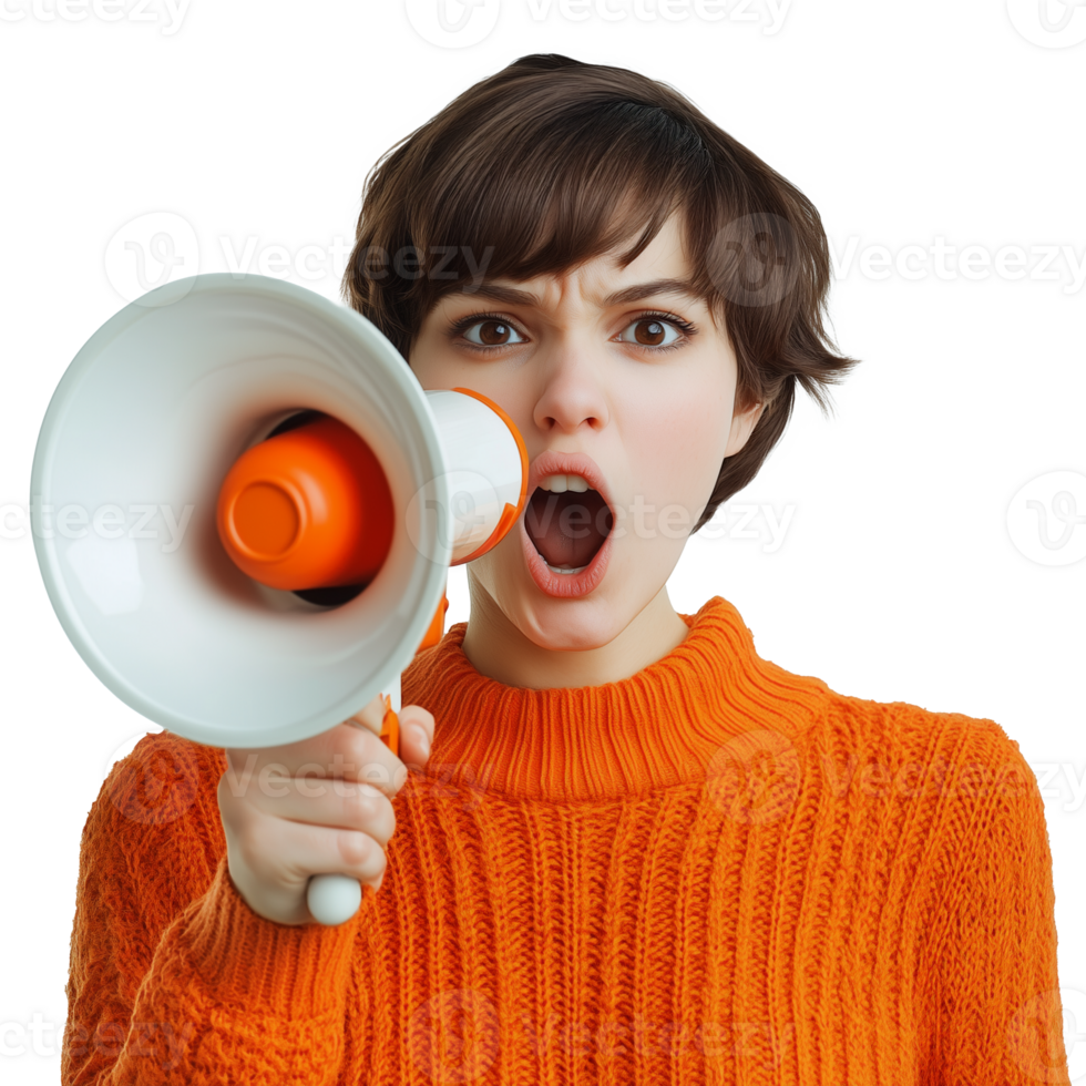 Person Using a Megaphone Communicating with Passion and Urgency in a Bold, Attention-Grabbing Pose png