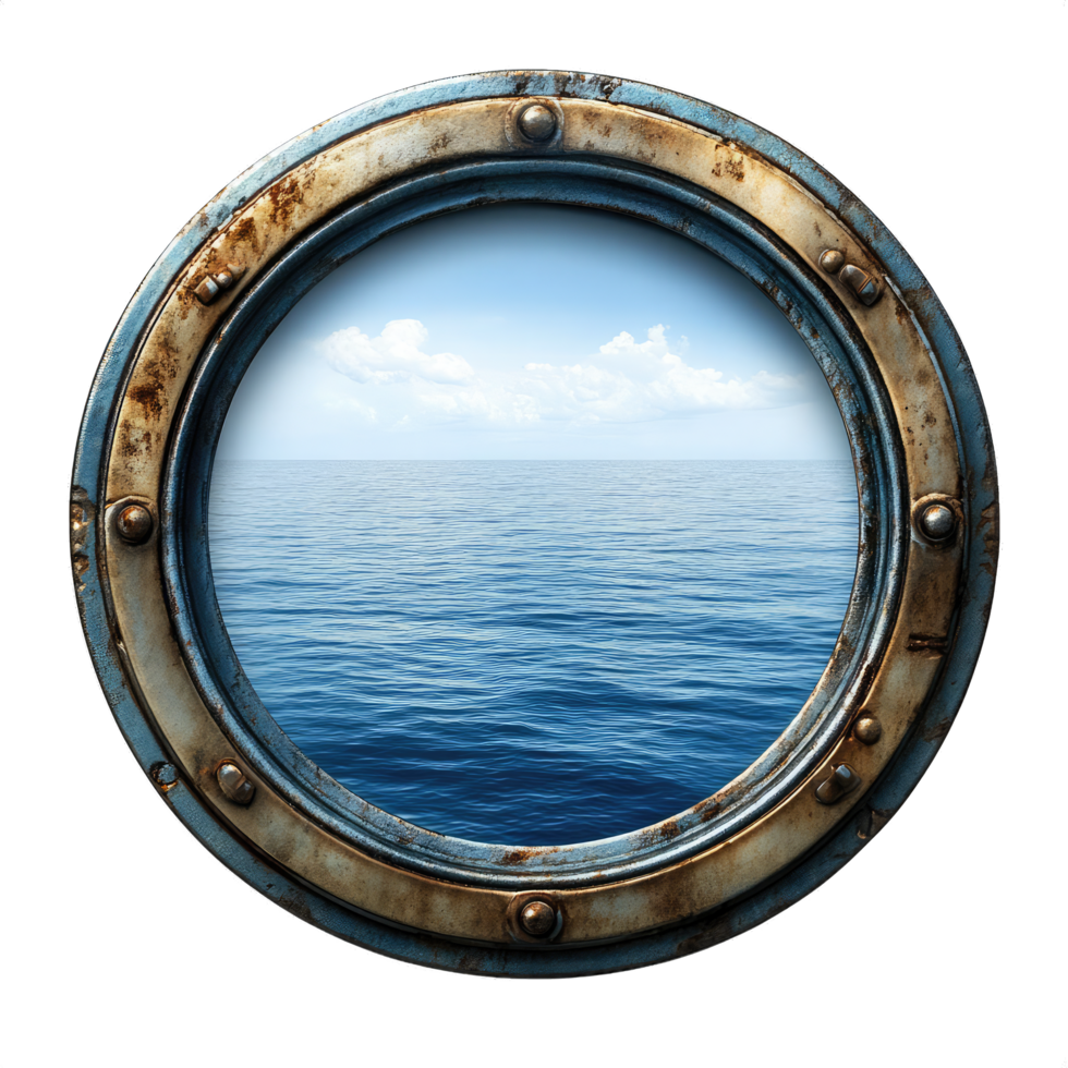 Porthole View Ocean, Horizon, Clouds, Blue, Sky, Rusty, Circular Frame, Metal, Rivets png