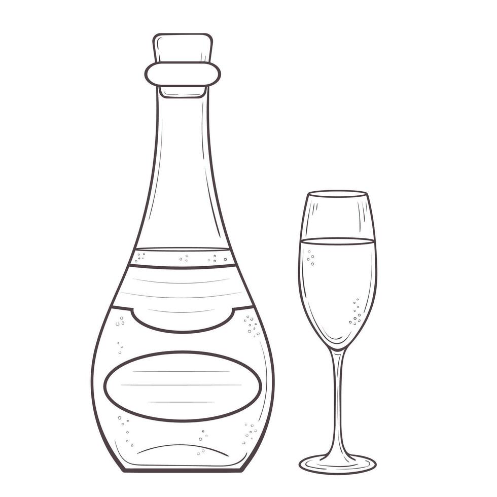 Illustration of a fancy bottle and a glass. Hand drawn outlined corcked liquor bottleand a flute glass filled with beverage vector