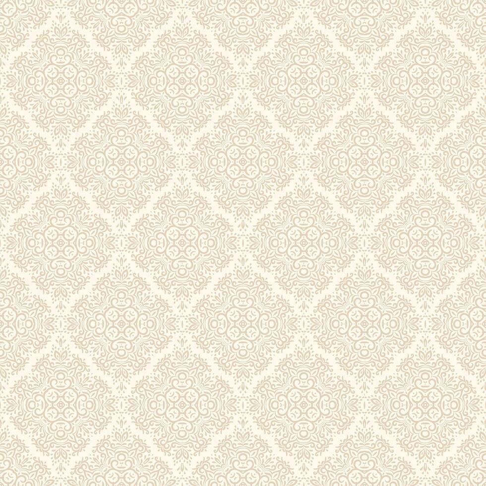 Lace seamless pattern with damask. Soft beige background with intricate oriental motifs arranged in diamond shaped layout suitable for textiles, wallpaper, silk vector