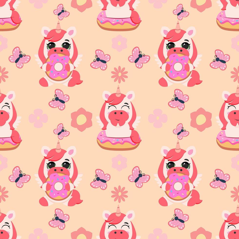 Seamless pattern featuring pink unicorns with donuts, butterflies, and flowers on a soft beige background. Ideal for children products, fabrics, gift wrapping, and greeting cards vector