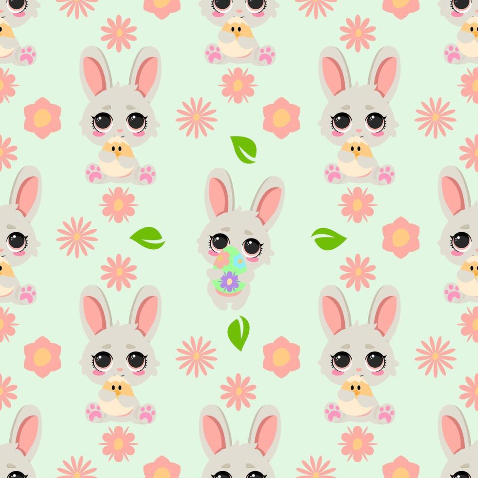 Seamless pattern featuring adorable Easter bunnies with flowers on a pastel background. Ideal for holiday-themed textiles, greeting cards, gift wrapping, wallpapers, invitations vector