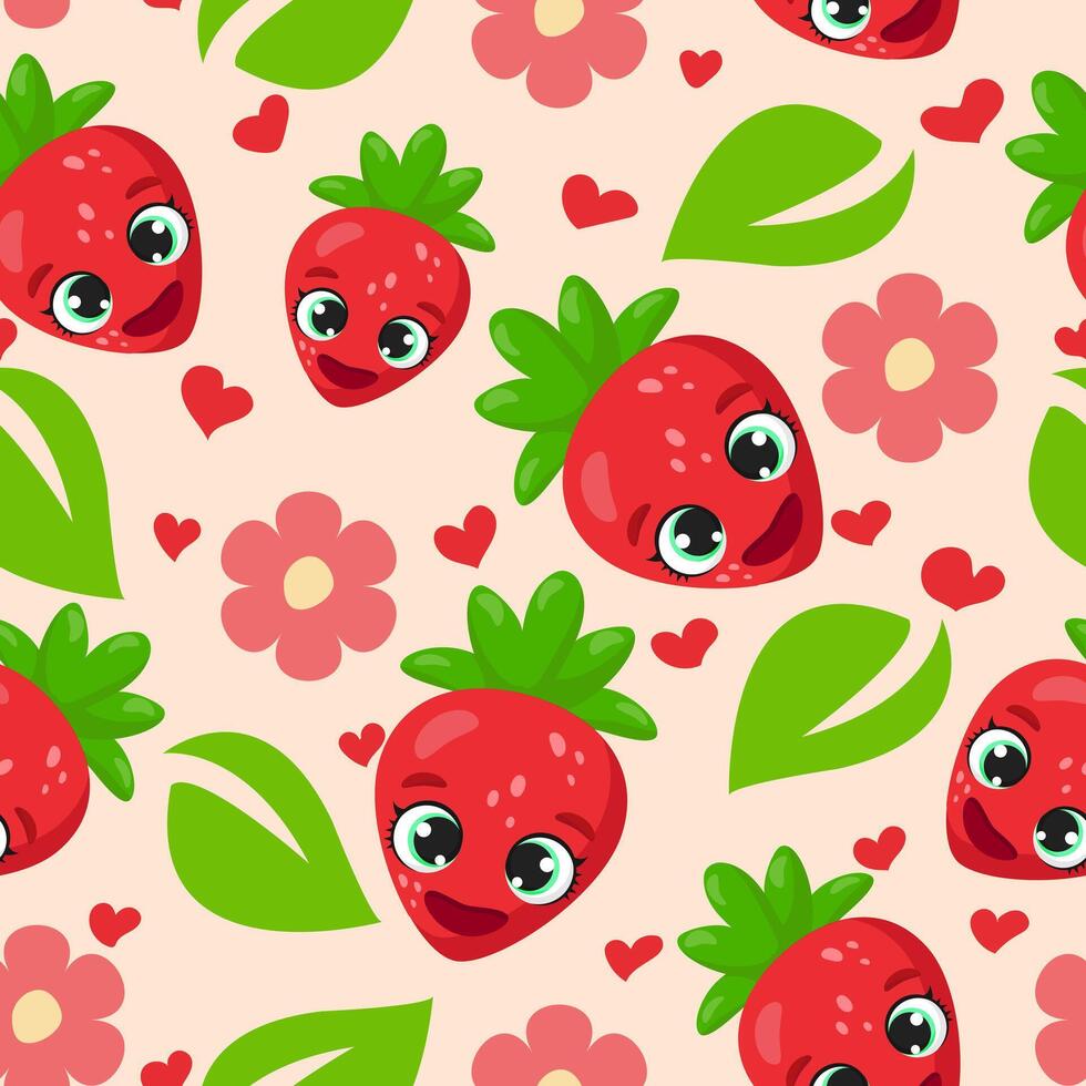 Seamless pattern with cute smiling strawberries, green leaves, hearts, and flowers on a soft pastel background. Perfect for textile prints, wrapping paper, kids products, wallpapers vector