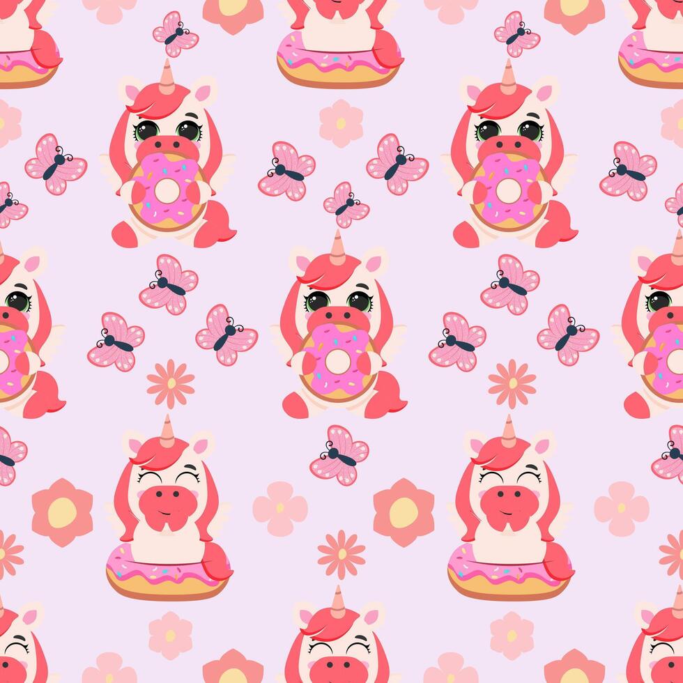 Seamless pattern with pink unicorns holding donuts, surrounded by butterflies and flowers on a pastel background. Ideal for kids' products, textiles, wallpapers, and cute-themed designs vector
