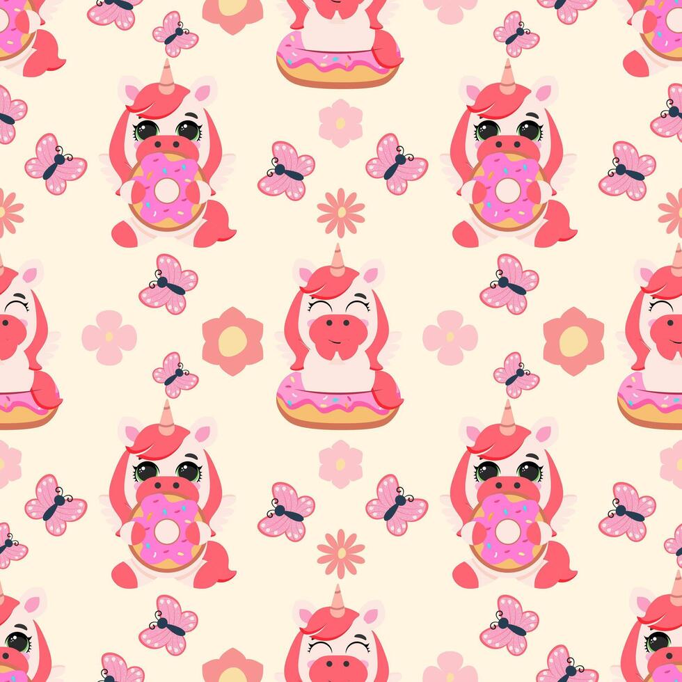 Seamless pattern with pink unicorns, donuts, butterflies, and flowers on a soft pastel background. Perfect for kids products, textiles, wallpapers, and greeting cards vector