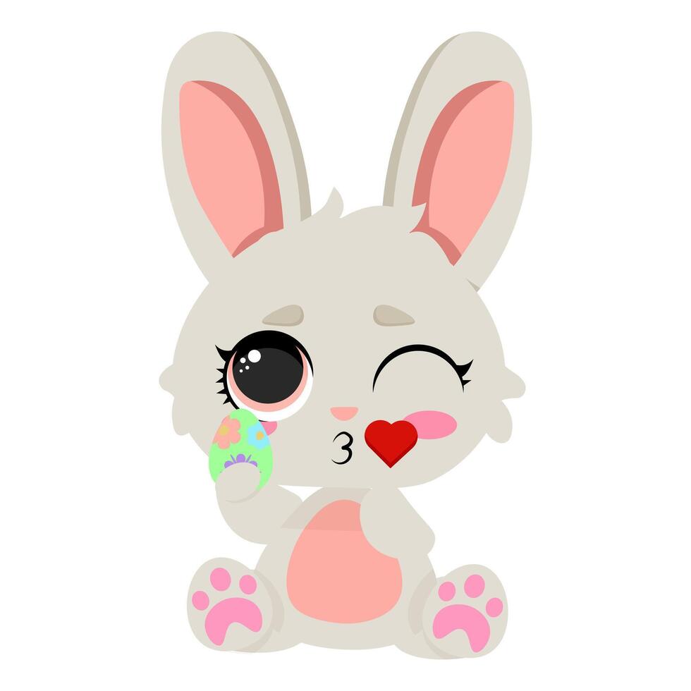 Cute Easter bunny blowing a kiss while holding a decorated egg. Perfect for holiday greeting cards, festive illustrations, seasonal decor, kids' designs, and digital artwork vector