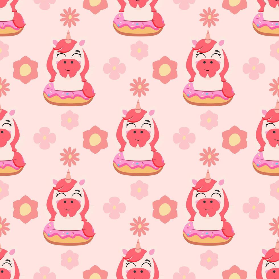 Seamless pattern with pink unicorns sitting on donuts, surrounded by flowers on a pastel background. Perfect for kids' textiles, stationery, gift wrap, and home decor vector