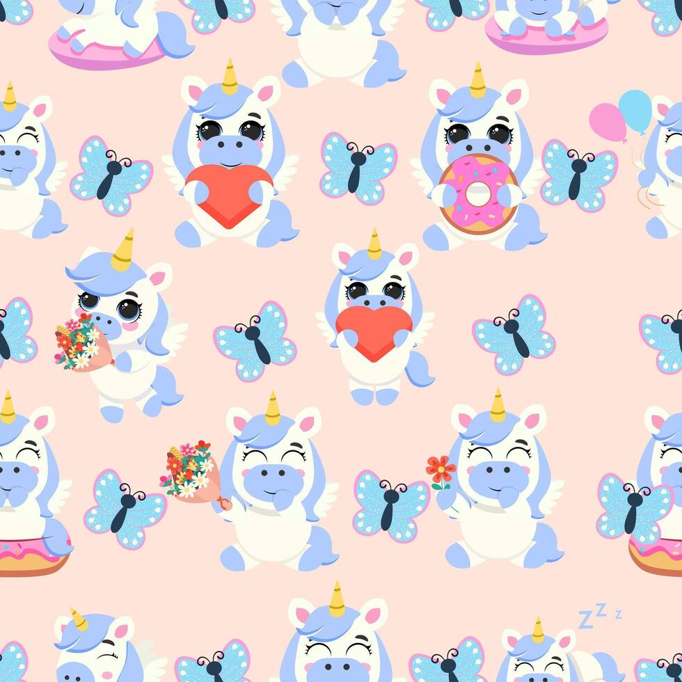 Seamless pattern with cute unicorns holding hearts, flowers, and donuts, surrounded by butterflies on a pastel background. Perfect for children's products, textiles, wrapping paper, and decor vector