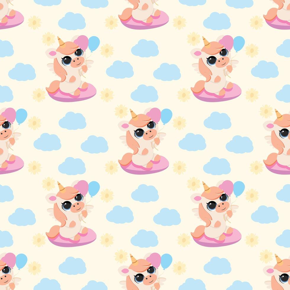 Seamless pattern with a cute summer pig relaxing on a pink inflatable ring, surrounded by fluffy clouds and sunshine. Perfect for kids' textiles, summer decor, wrapping paper, and cheerful prints vector