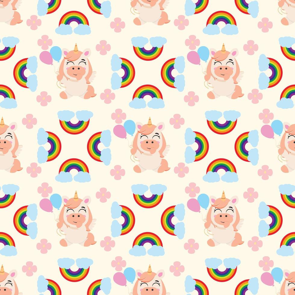 Seamless pattern featuring adorable unicorns, rainbows, and soft pastel flowers. Perfect for kids' textiles, nursery decor, gift wrapping, and joyful stationery, adding a dreamy, magical vibe vector
